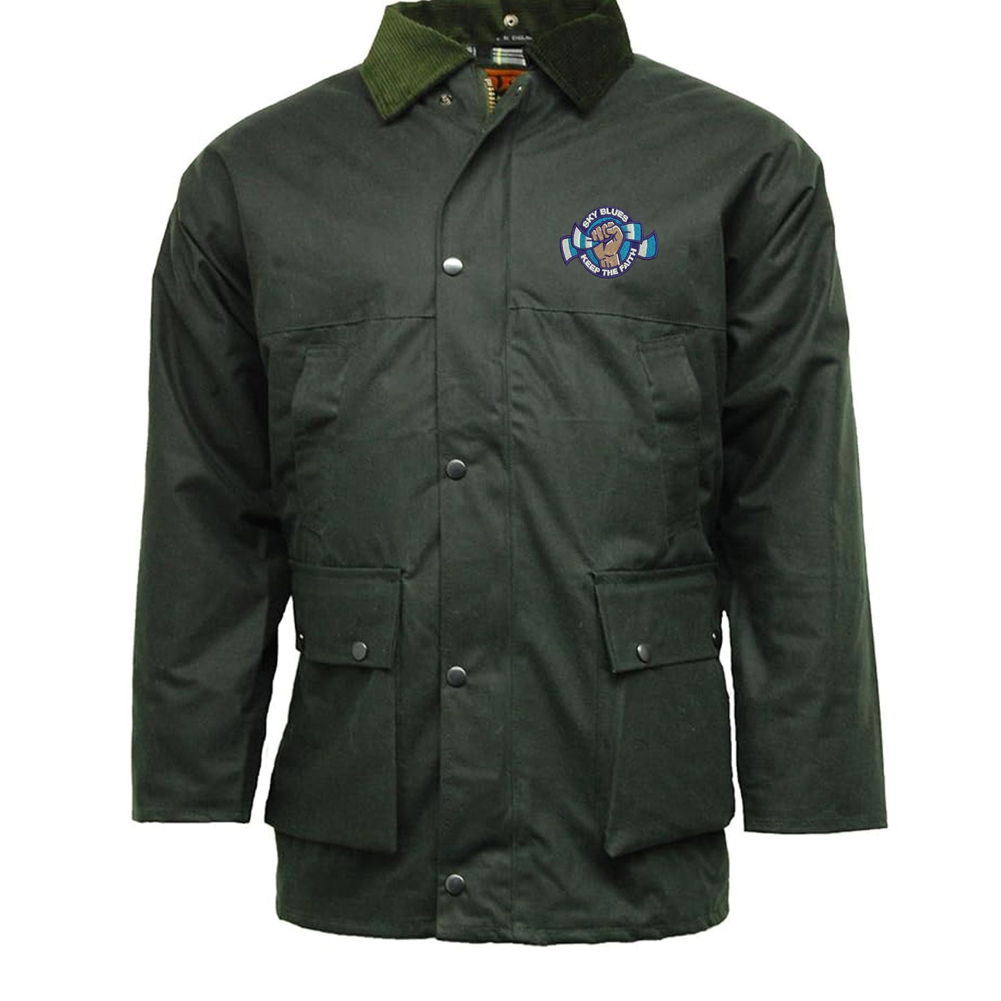 Sky Blues Keep The Faith Embroidered Padded Wax Jacket