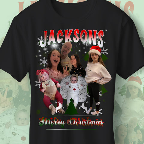 Custom Christmas Bootleg T Shirt Personalised with Your Photographs & Family Name