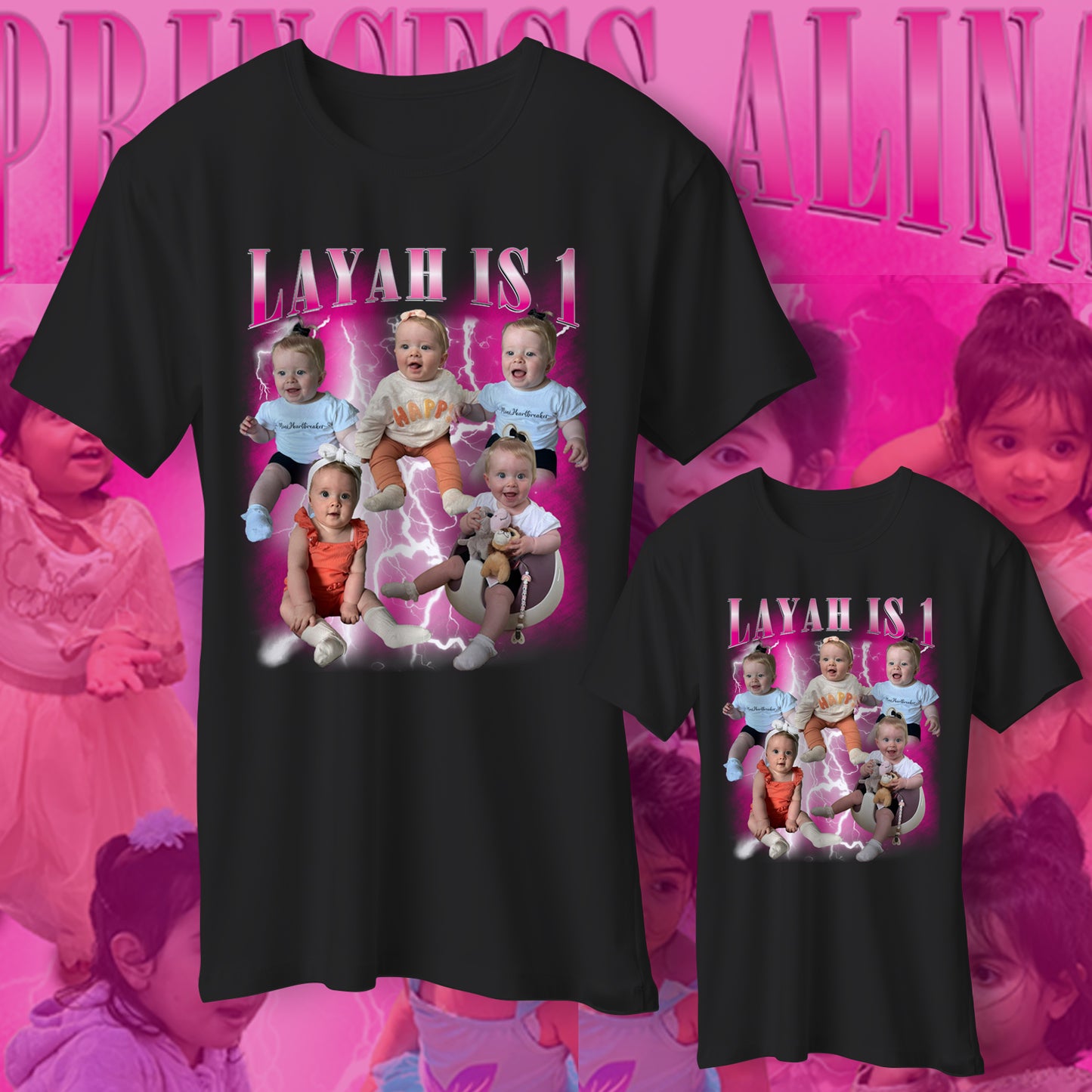 Matching Adult & Child Personalised Bootleg T-Shirts Printed with Your Photographs & Text